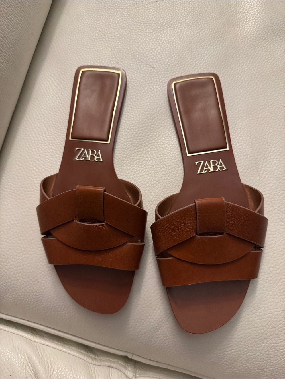 Zara FLAT CROSSED LEATHER SANDALS Brown Slide Sz. 38 - Picture 7 of 11